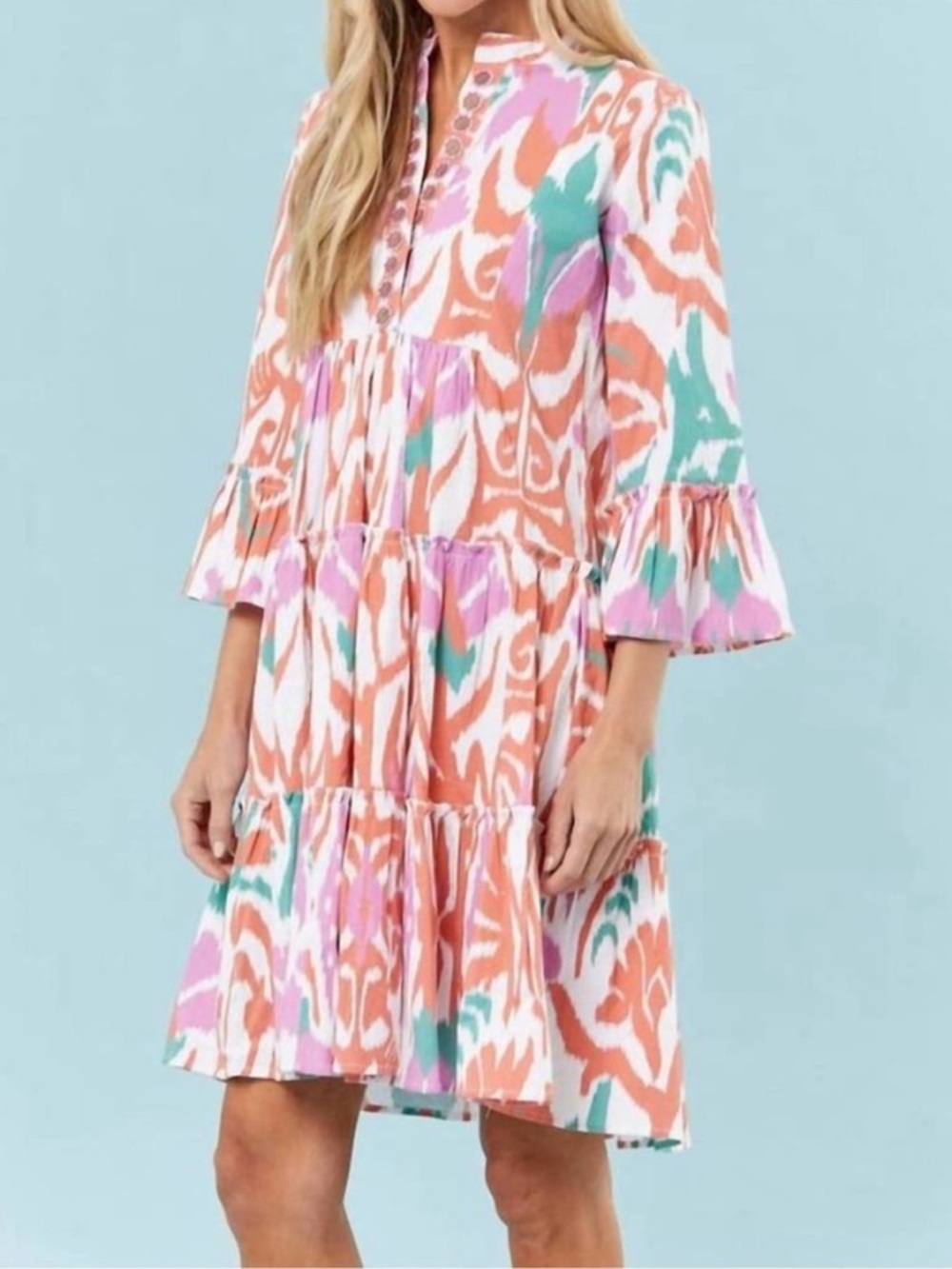 Sheridan French Colorful Ikat Tiered Shift Dress - Coral, Pink & Teal XL